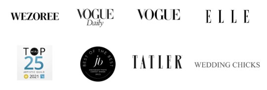 A row of black and white logos from publications and awards, including Wezoree, Vogue Daily, Vogue, Elle, Top 25 Artistic Guild 2021, Best of the Best jb, Tatler, and Wedding Chicks. Tuscan Wedding Photographer