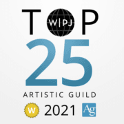A badge reads “WPJA Top 25 Artistic Guild 2021” in bold text, perfect for a standout wedding photographer Tuscany. At the bottom are a gold medal with a “W” and a blue badge with “Ag,” all on a modern, clean white background. Tuscan Wedding Photographer