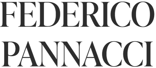 The image displays the name FEDERICO PANNACCI in large, bold, black serif font, with FEDERICO on the top line and PANNACCI on the bottom. The background is light gray. Tuscan Wedding Photographer