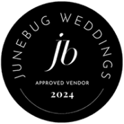 A black circular badge featuring JUNEBUG WEDDINGS in white around the edge, jb in elegant lowercase at the center, and APPROVED VENDOR 2024 beneath—perfect for a top wedding photographer Tuscany couples can trust. Tuscan Wedding Photographer