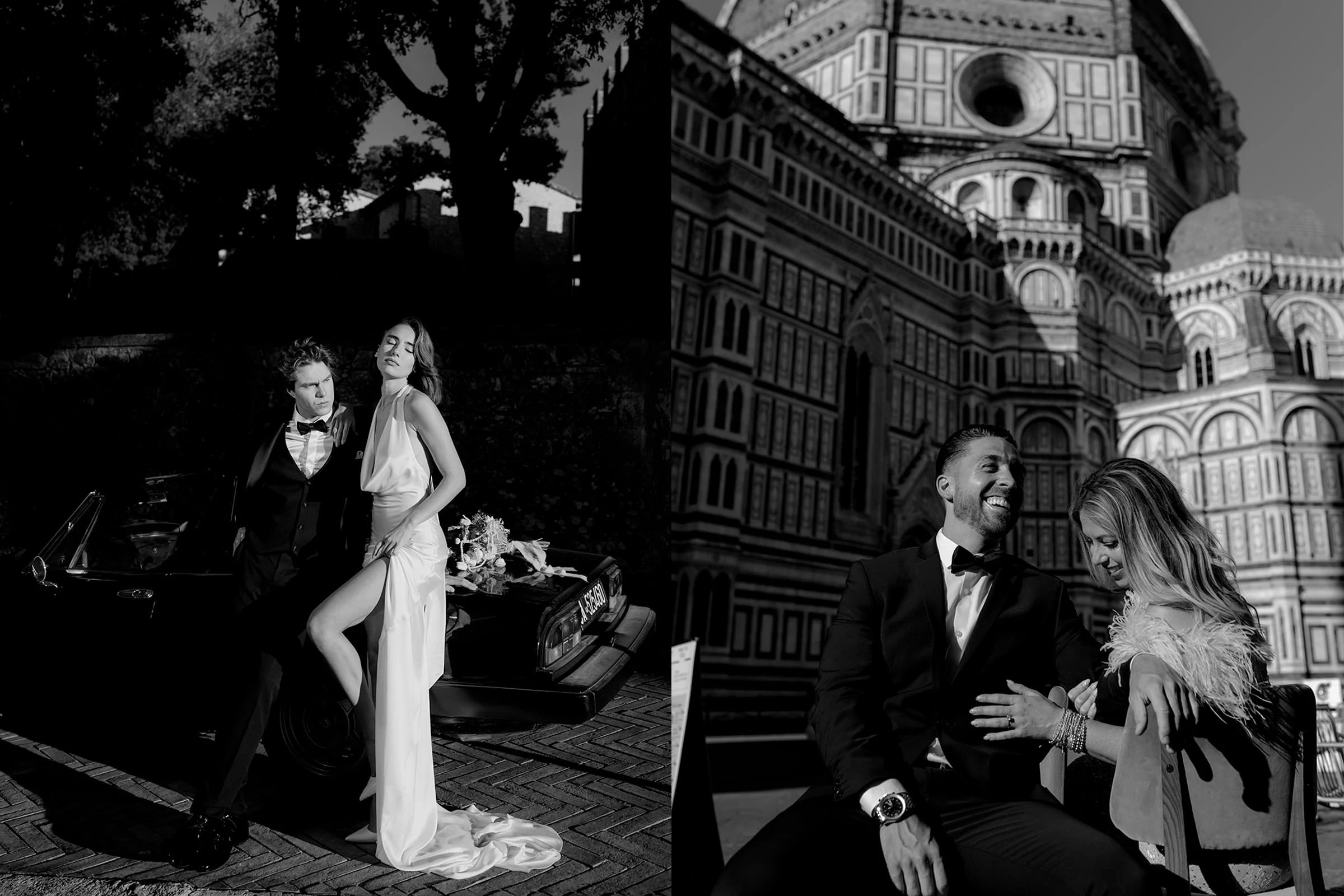 A split black-and-white image: left side shows a formally dressed couple by a vintage car at dusk; right side shows another well-dressed couple laughing together in front of Florence’s ornate Duomo cathedral. Both scenes evoke elegance and romance. Tuscan Wedding Photographer
